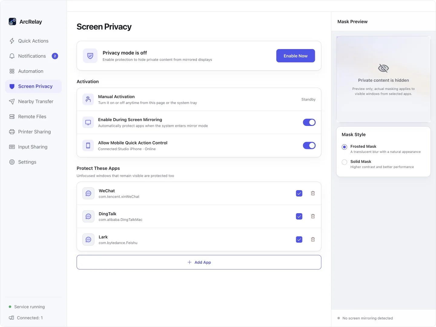 Suite Screen Privacy: app selection, activation and mask preview. Verify the audience view in your meeting tool.
