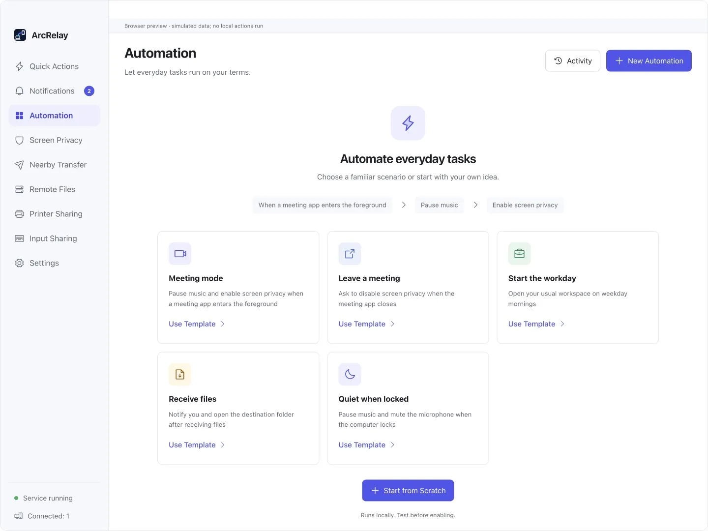 Suite Automation templates for meetings, starting work and receiving files. The preview runs no local actions.