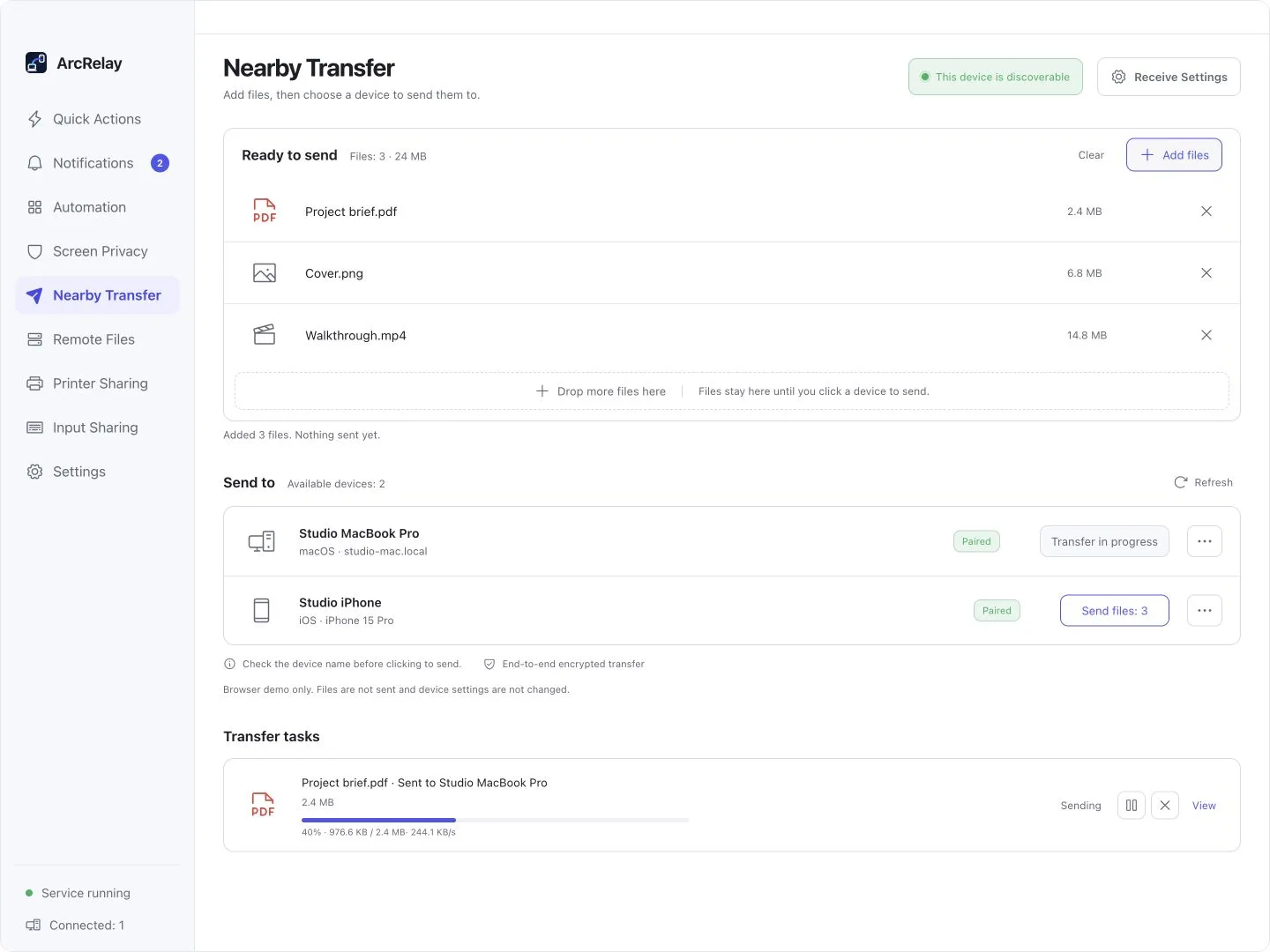 Suite Nearby Transfer: example files, receiving devices and a task in progress. Transfer data is simulated.