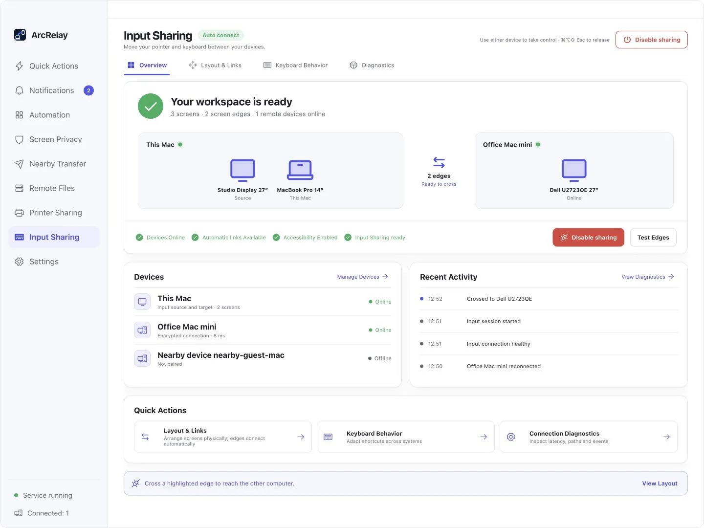 The Input Sharing workspace uses the same device connections; other capabilities are available from the sidebar.